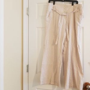 Tan seersucker wide-leg pants